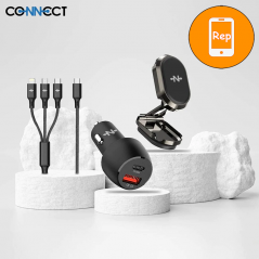 Pack Voiture CONNECT (Support Smartphone Magnétique 360° + Chargeur Allume-Cigare 48W + Cable 3-en-1 3A) Noir