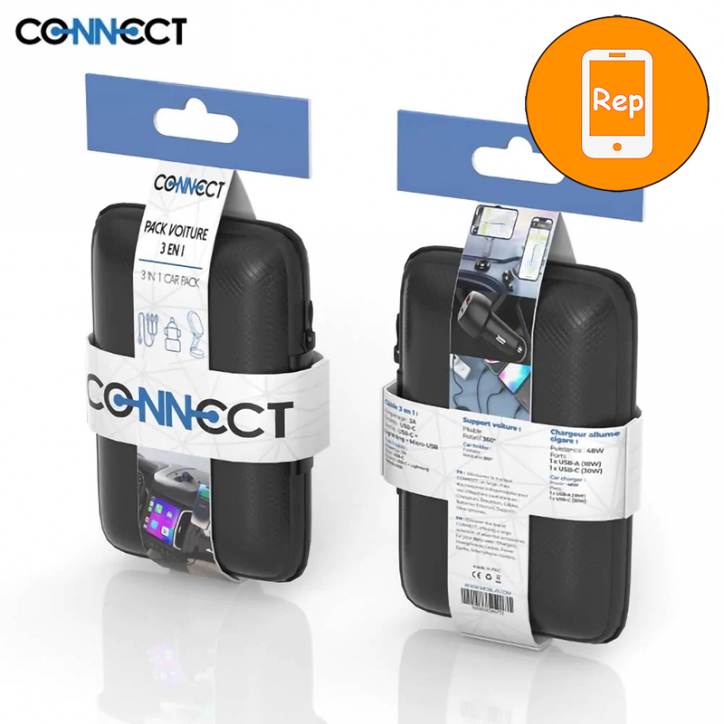 Pack Voiture CONNECT (Support Smartphone Magnétique 360° + Chargeur Allume-Cigare 48W + Cable 3-en-1 3A) Noir